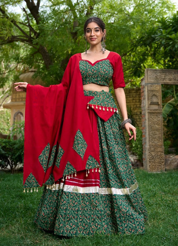 Lassya Fashion Forest Green And Red Pure Cotton Festive Wear Lehenga