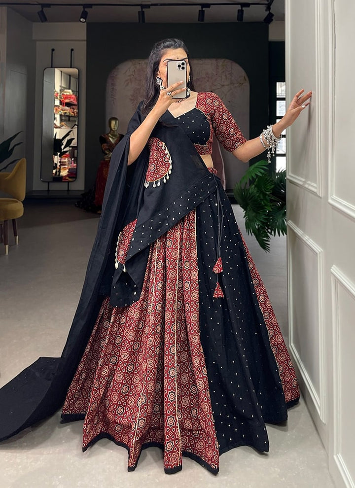 Lassya Fashion Black And Brown Printed Cotton Festive Wear Lehenga