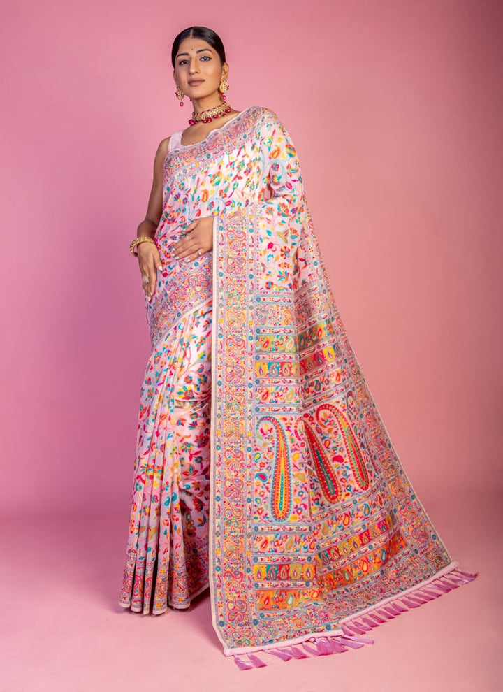 Lassya Fashion Pale Pink Majestic Kashmiri Pashmina Silk Festive Wear Saree