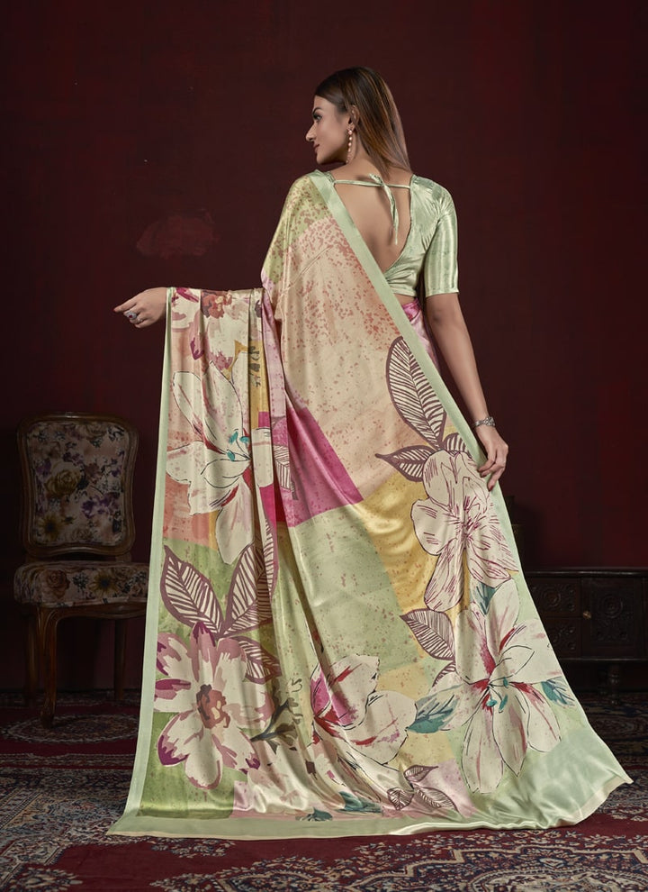 Lassya Fashion Cream and Pista Trendy Soft Crepe Printed Saree