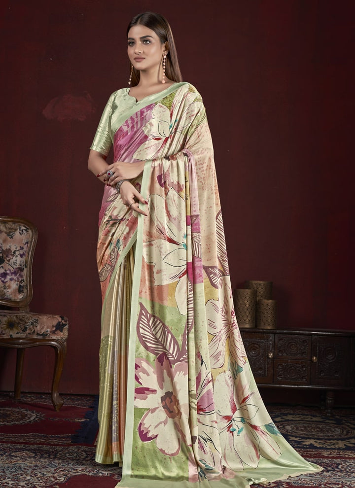 Lassya Fashion Cream and Pista Trendy Soft Crepe Printed Saree