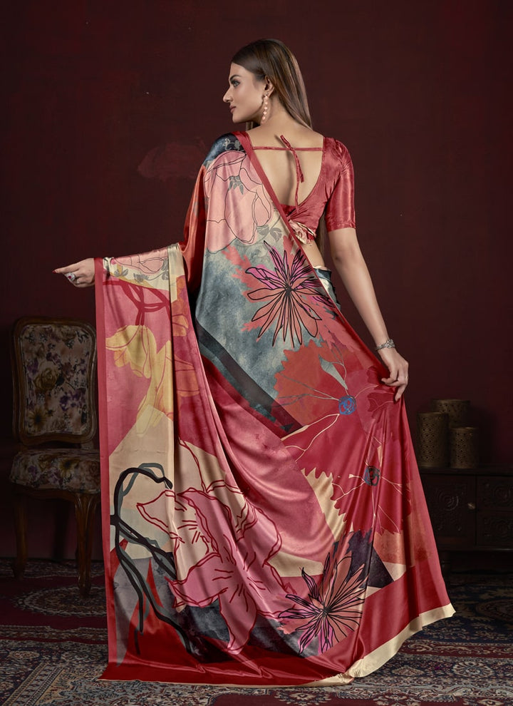 Lassya Fashion Grey and Red Trendy Soft Crepe Printed Saree