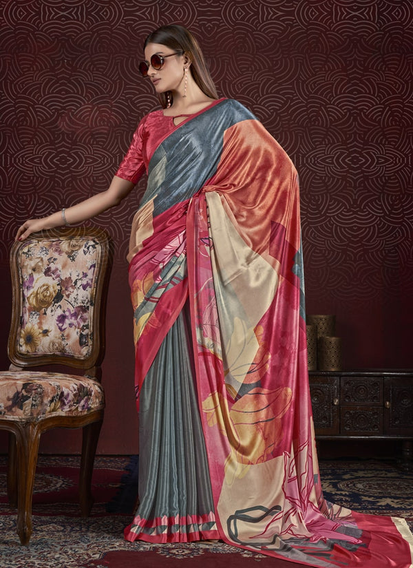 Lassya Fashion Grey and Red Trendy Soft Crepe Printed Saree