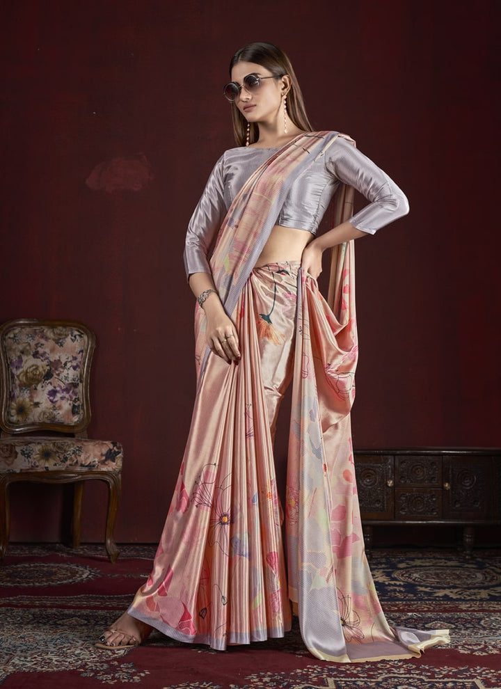 Lassya Fashion Grey And Pink Trendy Soft Crepe Printed Saree