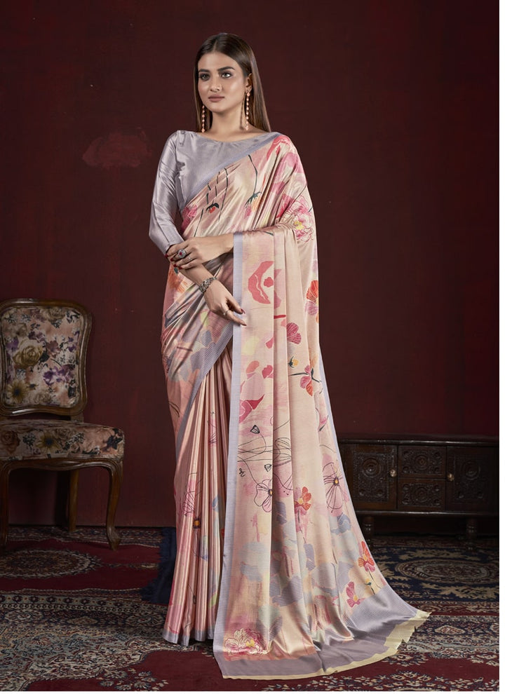 Lassya Fashion Grey And Pink Trendy Soft Crepe Printed Saree