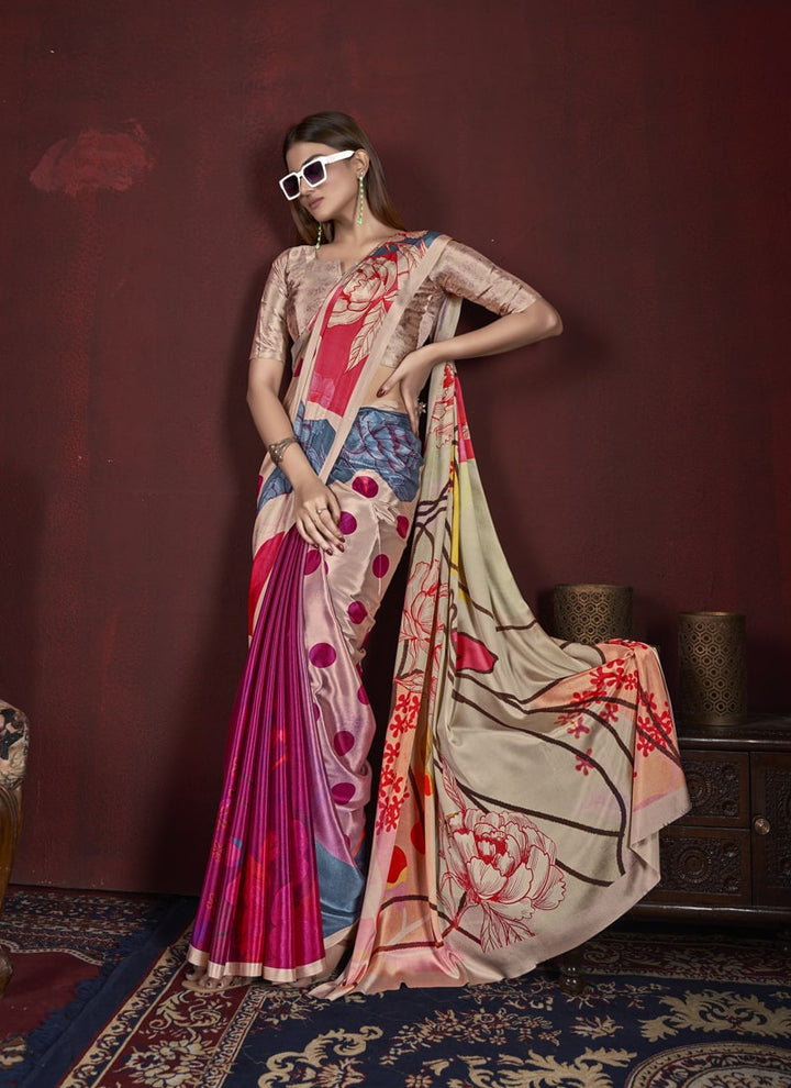 Lassya Fashion Purple and Cream Trendy Soft Crepe Printed Saree