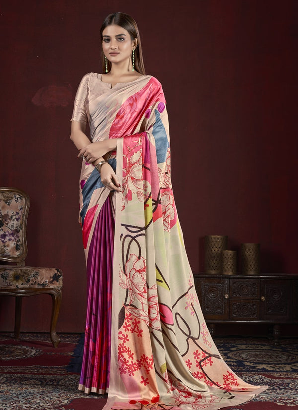 Lassya Fashion Purple and Cream Trendy Soft Crepe Printed Saree