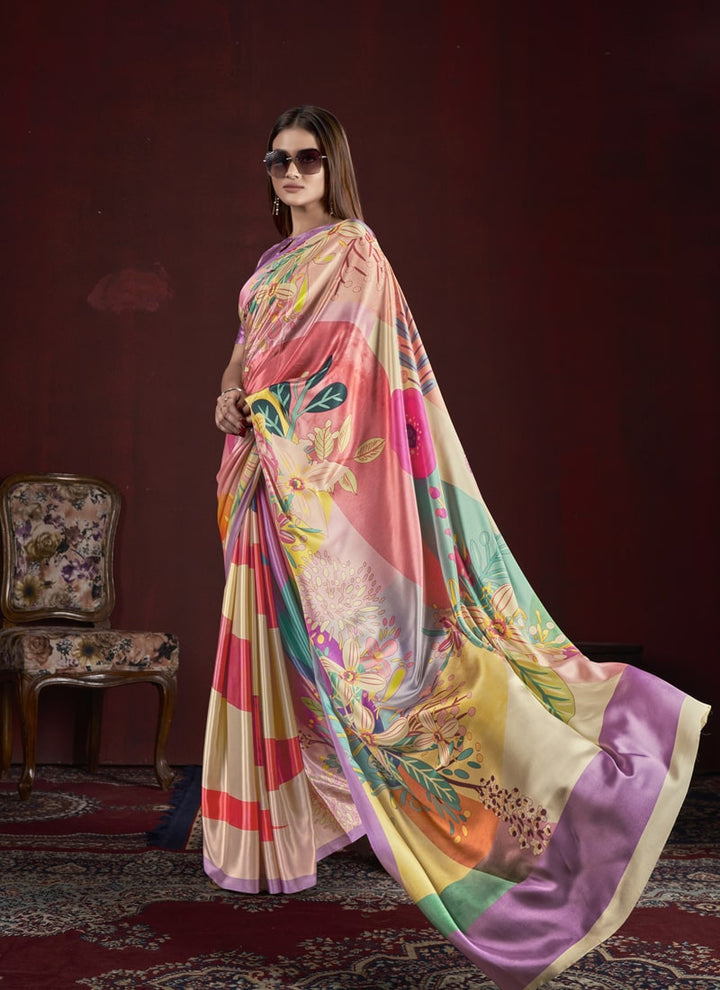 Lassya Fashion Red And Blue Trendy Soft Crepe Printed Saree