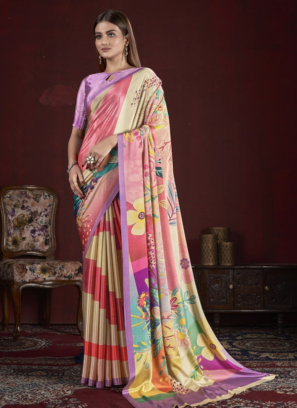 Lassya Fashion Red And Blue Trendy Soft Crepe Printed Saree