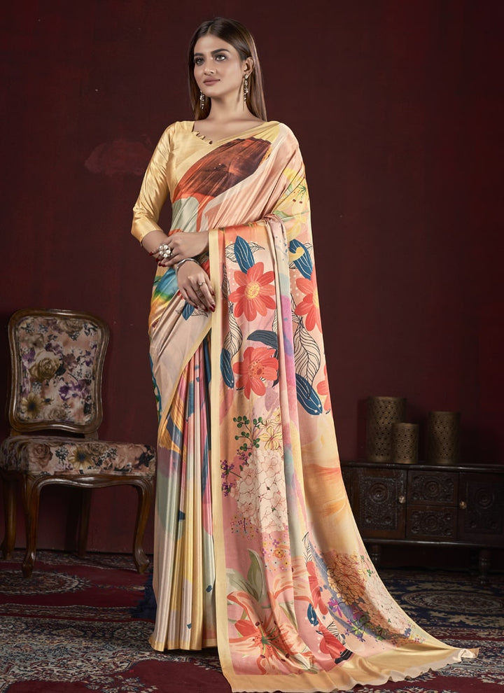 Lassya Fashion Glowing Yellow Trendy Soft Crepe Printed Saree