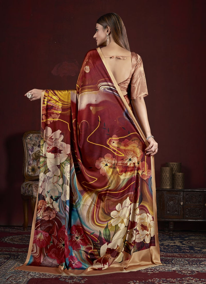 Lassya Fashion Chocolate Brown Trendy Soft Crepe Printed Saree