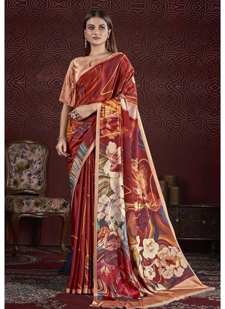 Lassya Fashion Chocolate Brown Trendy Soft Crepe Printed Saree