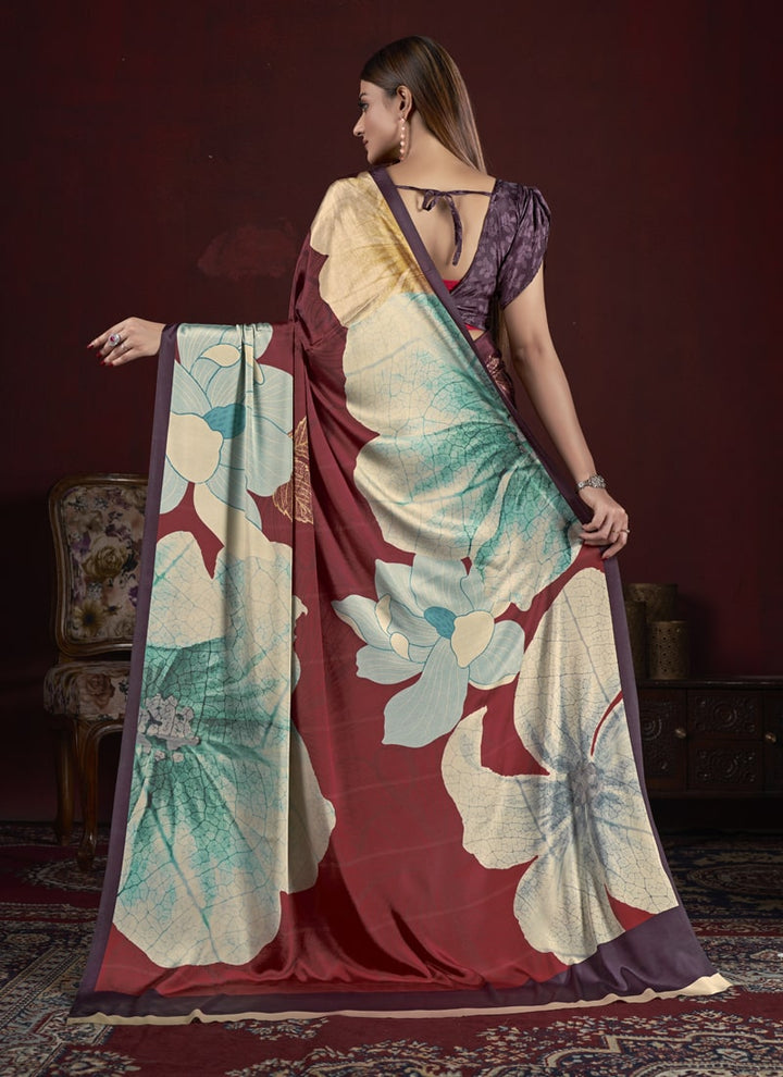 Lassya Fashion Cream And Purple Trendy Soft Crepe Printed Saree