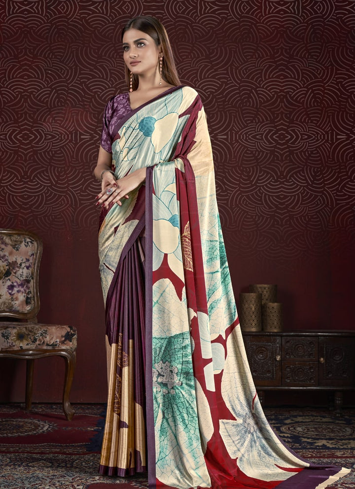 Lassya Fashion Cream And Purple Trendy Soft Crepe Printed Saree