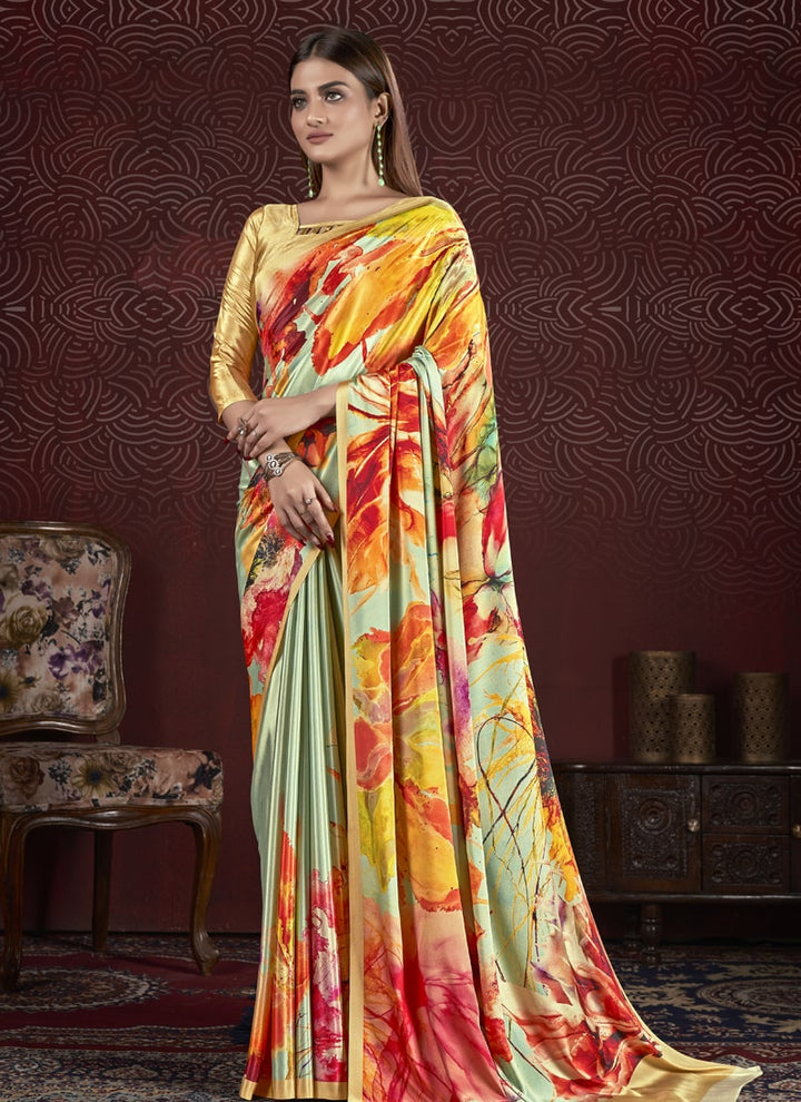 Lassya Fashion Pista Green and Yellow Trendy Soft Crepe Printed Saree