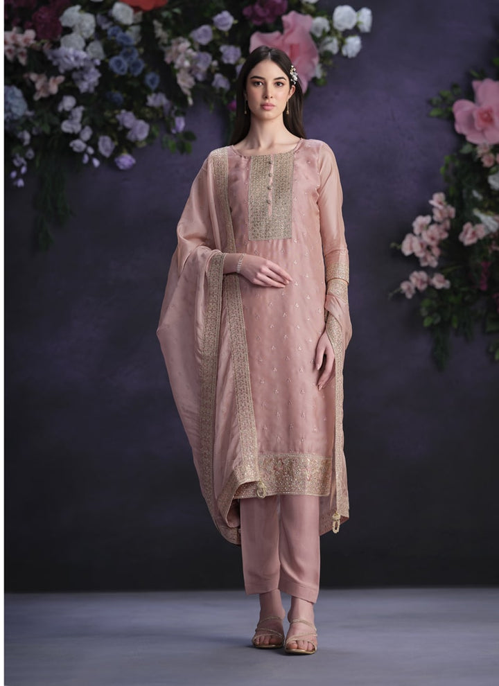 Lassya Fashion Dusty Pink Shimmer Organza Straight Salwar Suit