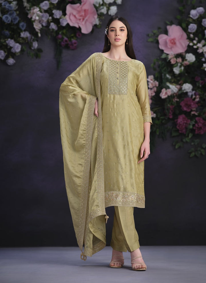 Lassya Fashion Dusty Yellow Shimmer Organza Straight Salwar Suit