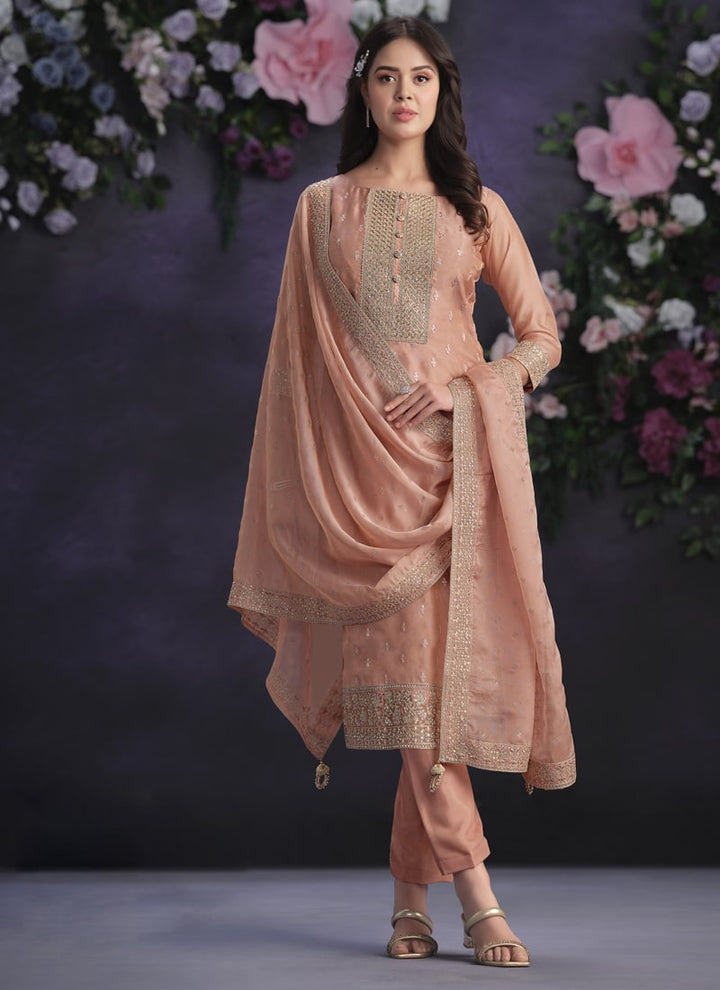 Lassya Fashion Dusty Orange Shimmer Organza Straight Salwar Suit