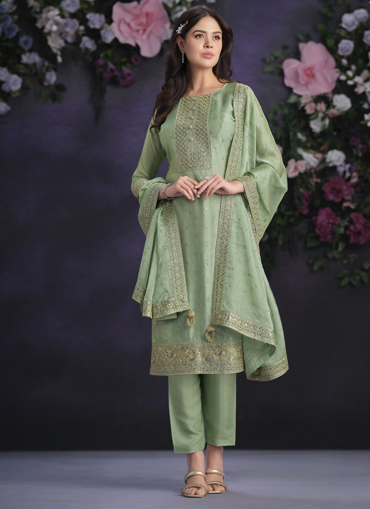 Lassya Fashion Pista Green Shimmer Organza Straight Salwar Suit