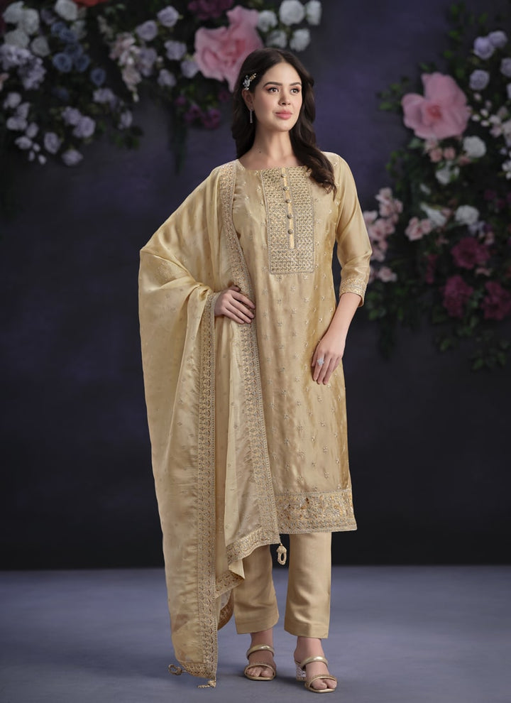 Lassya Fashion Beige Cream Shimmer Organza Straight Salwar Suit