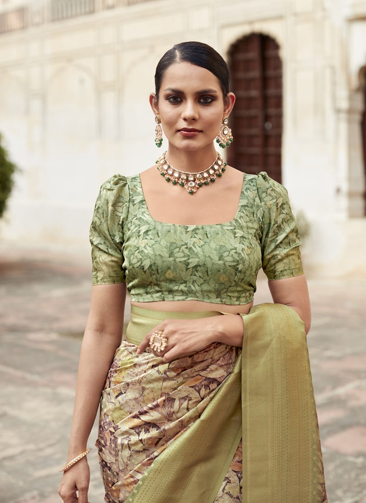 Lassya Fashion Coffee And Green Soft Tissue Silk Wedding Saree with Contrast Border