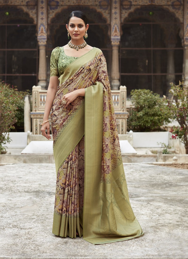 Lassya Fashion Coffee And Green Soft Tissue Silk Wedding Saree with Contrast Border