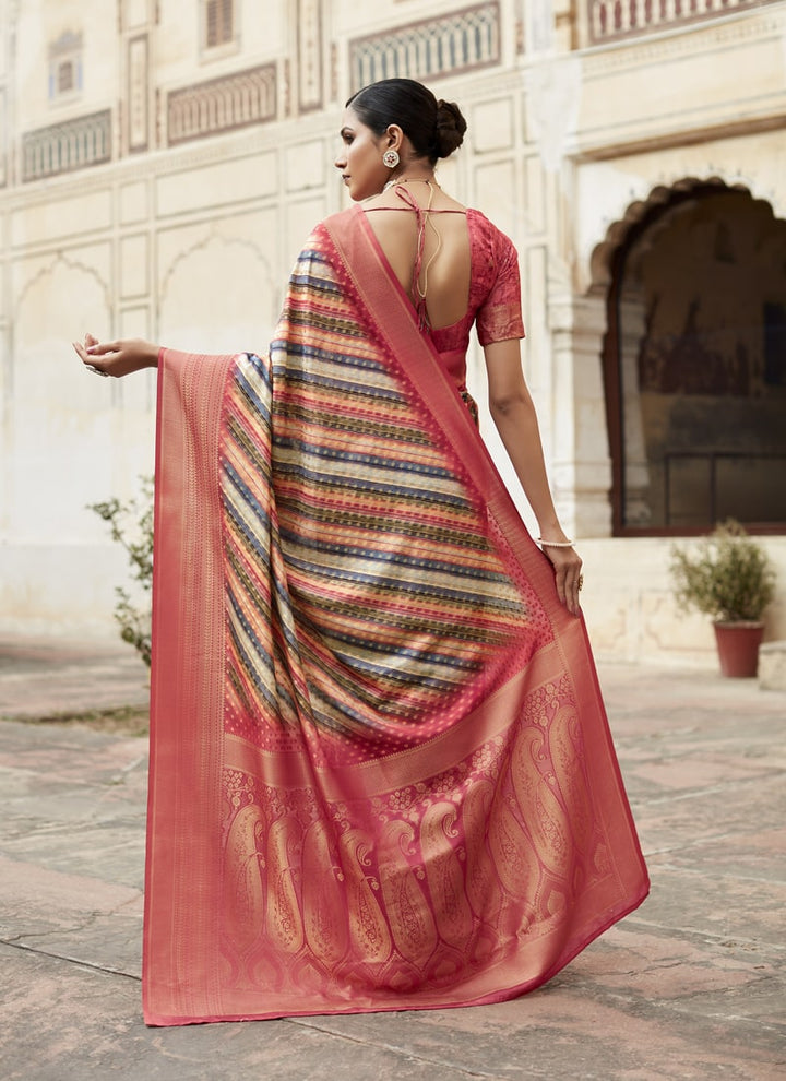 Lassya Fashion Red Pink Soft Tissue Silk Wedding Saree with Contrast Border