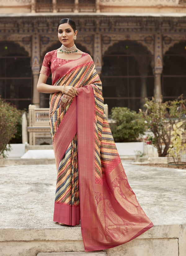 Lassya Fashion Red Pink Soft Tissue Silk Wedding Saree with Contrast Border