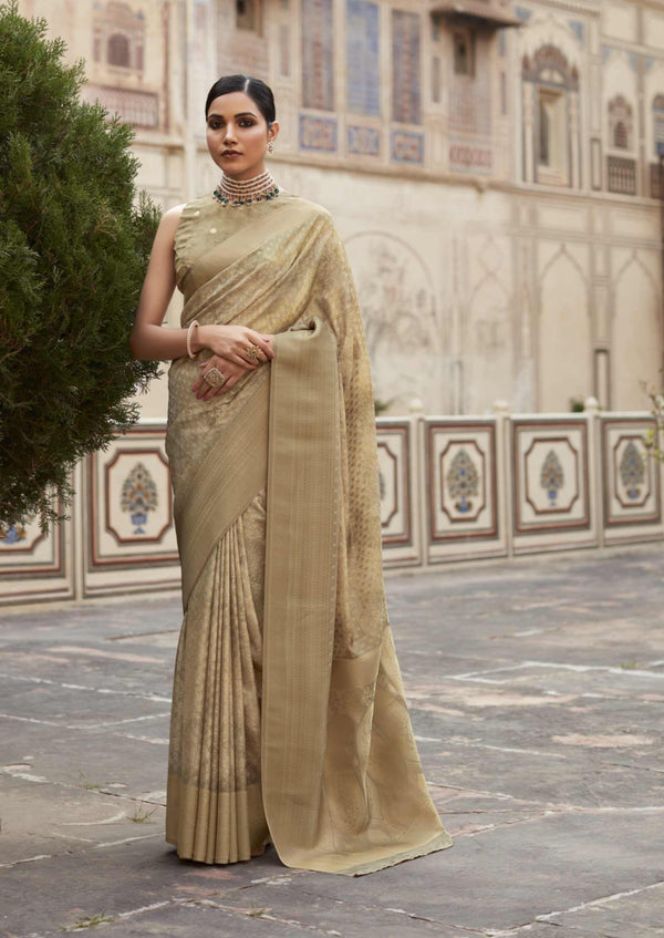 Lassya Fashion Beige Soft Tissue Silk Wedding Saree with Contrast Border