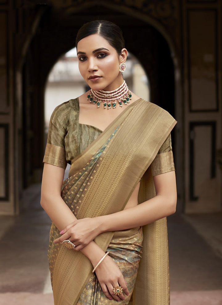 Lassya Fashion Dark Beige Soft Tissue Silk Wedding Saree with Contrast Border