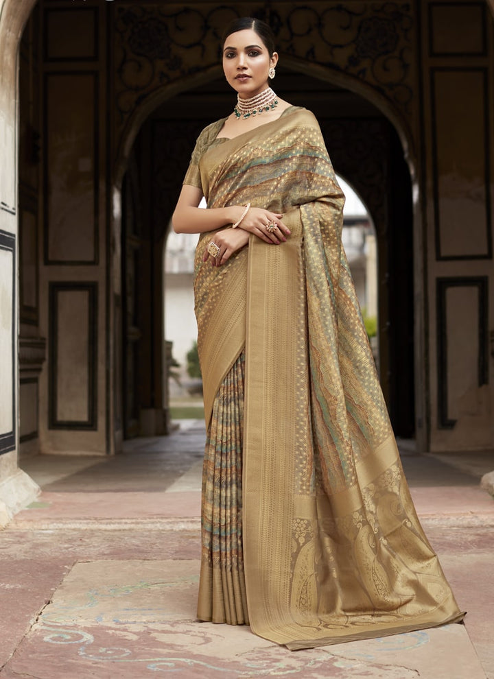 Lassya Fashion Dark Beige Soft Tissue Silk Wedding Saree with Contrast Border