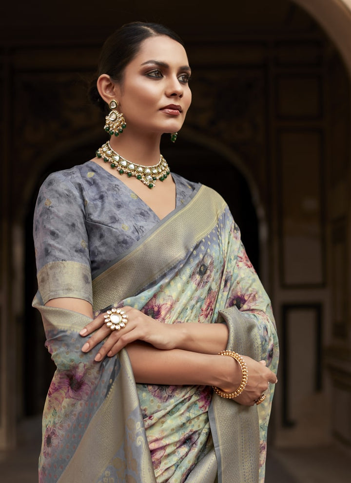 Lassya Fashion Flint Grey Soft Tissue Silk Wedding Saree with Contrast Border