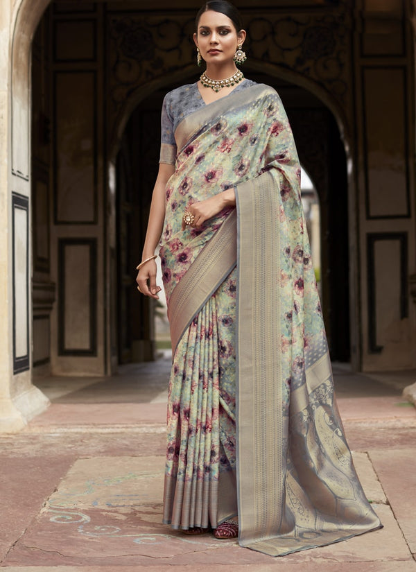 Lassya Fashion Flint Grey Soft Tissue Silk Wedding Saree with Contrast Border