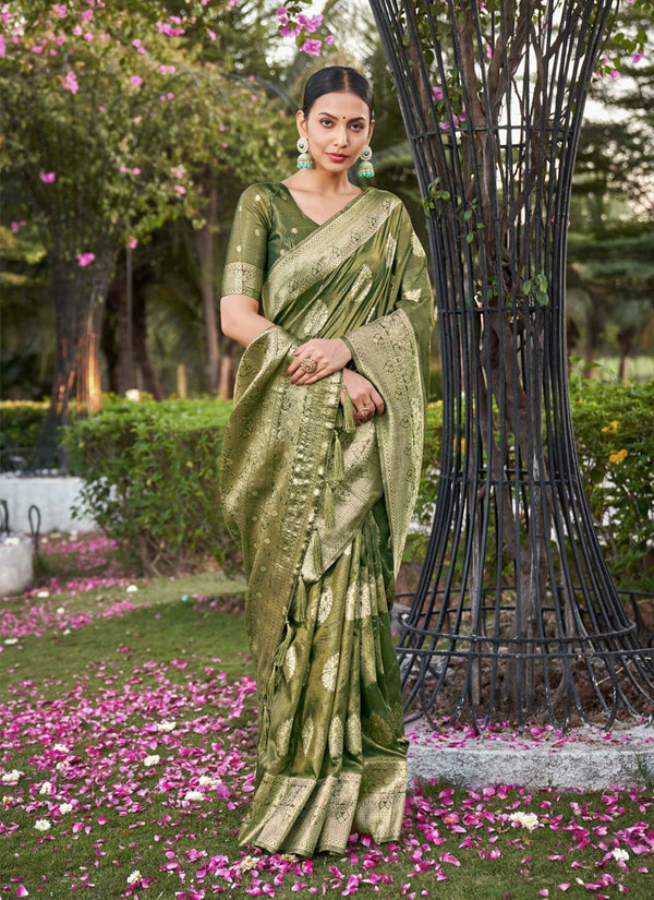 Lassya Fashion Olive Green Simar Silk Saree with Matching Blouse