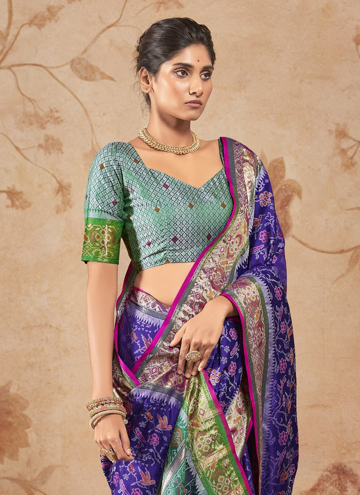 Lassya Fashion Violet Blue Patola Silk Saree with Matching Blouse