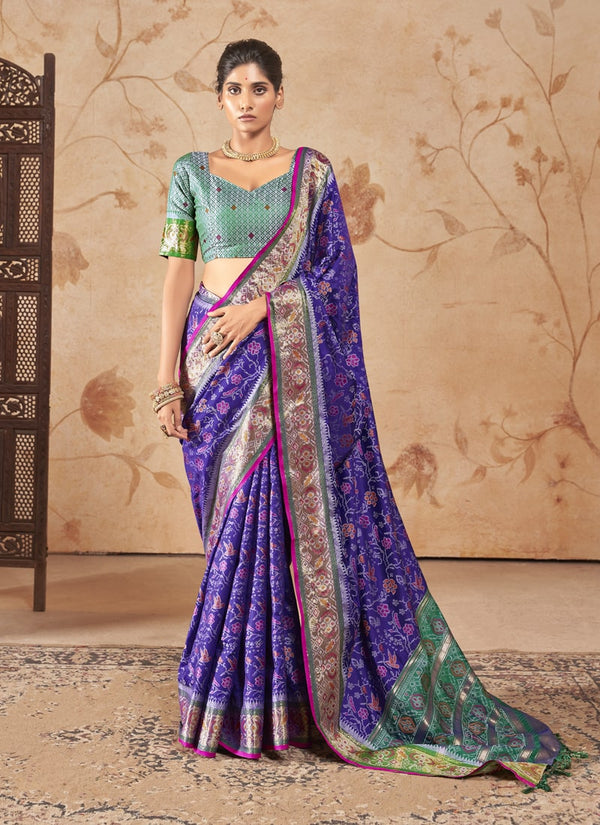 Lassya Fashion Violet Blue Patola Silk Saree with Matching Blouse