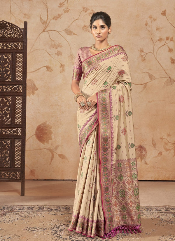 Lassya Fashion Beige Cream Patola Silk Saree with Matching Blouse