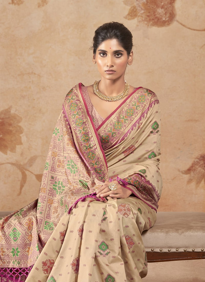 Lassya Fashion Beige Cream Patola Silk Saree with Matching Blouse