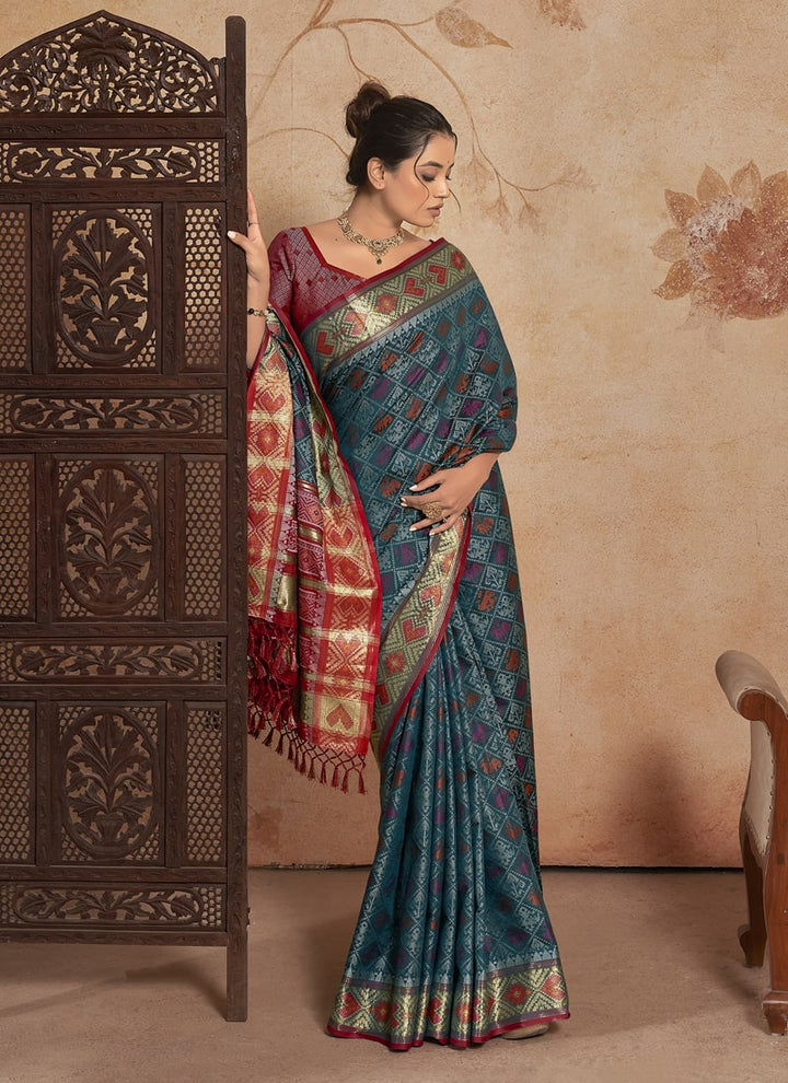 Lassya Fashion Dark Blue Patola Silk Saree with Matching Blouse