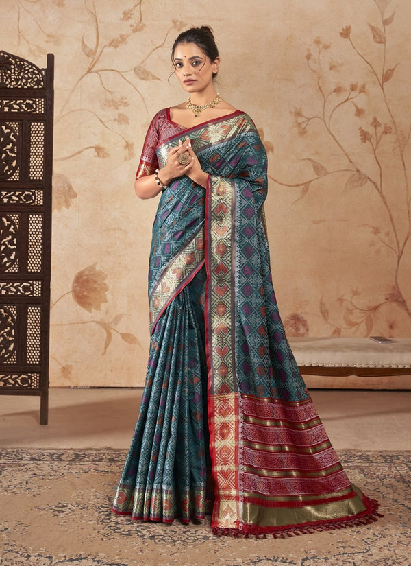 Lassya Fashion Dark Blue Patola Silk Saree with Matching Blouse