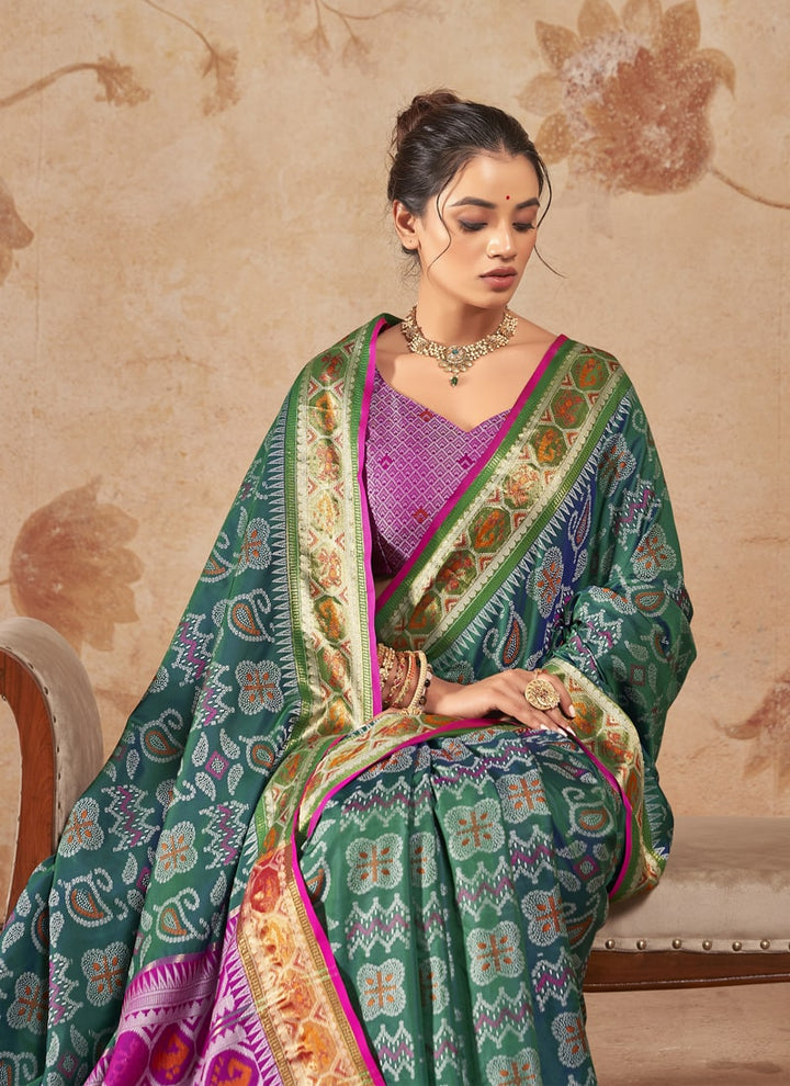 Lassya Fashion Rama Green Patola Silk Saree with Matching Blouse