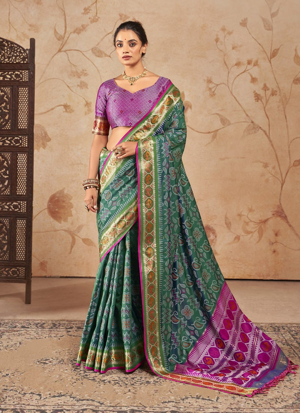 Lassya Fashion Rama Green Patola Silk Saree with Matching Blouse