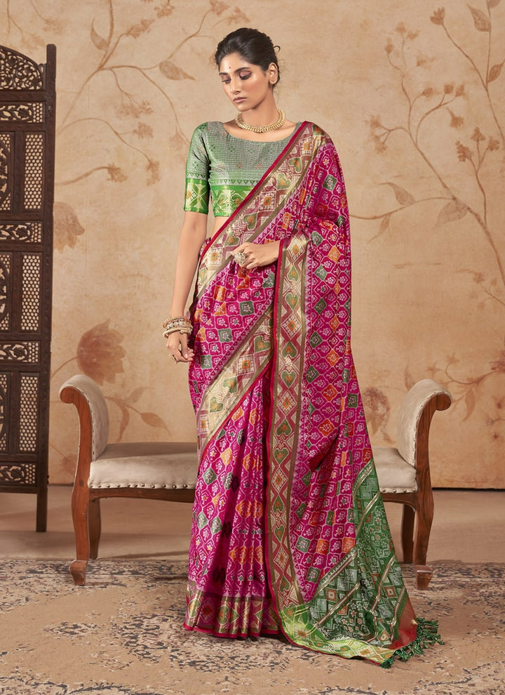 Lassya Fashion Bougainvillea Pink Patola Silk Saree with Matching Blouse