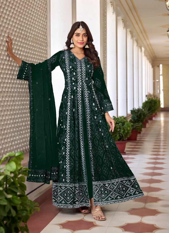 Lassya Fashion Bottle Green Heavy Faux Georgette Anarkali Dress