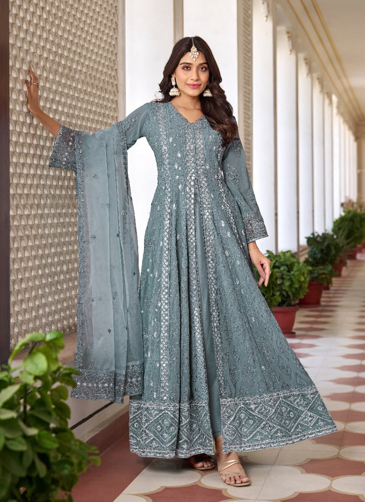 Lassya Fashion Light Grey Heavy Faux Georgette Anarkali Dress