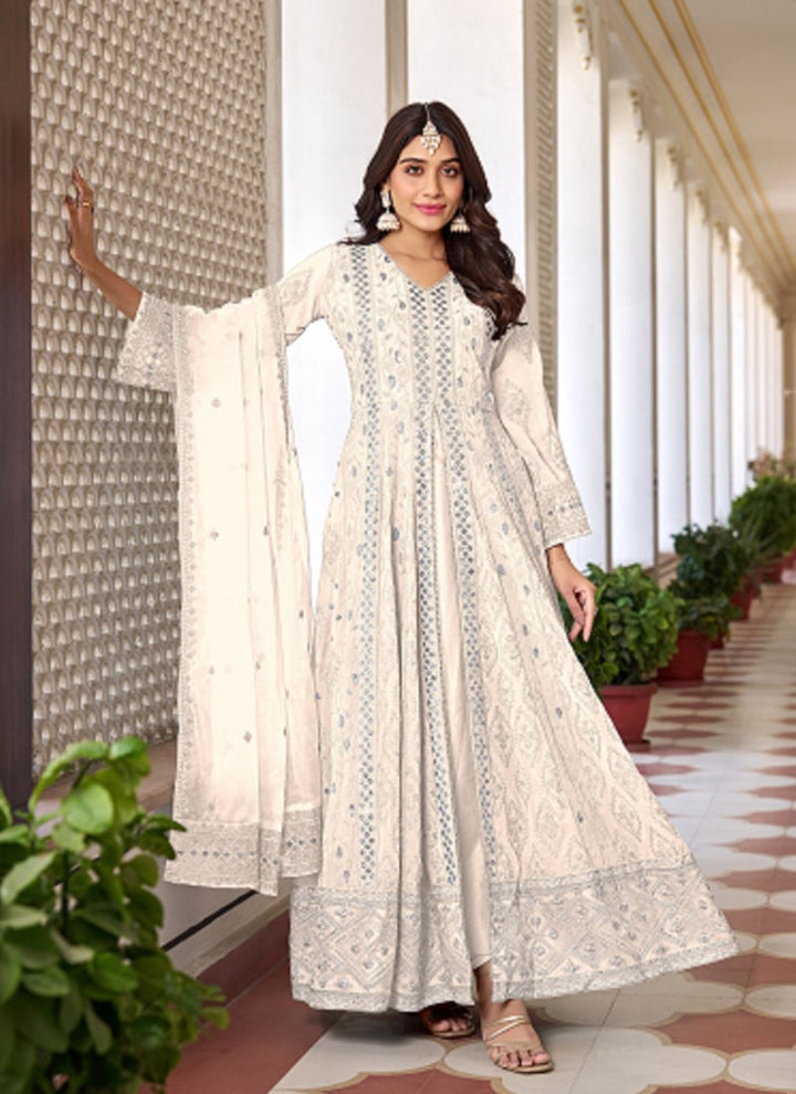 Lassya Fashion White Heavy Faux Georgette Anarkali Dress