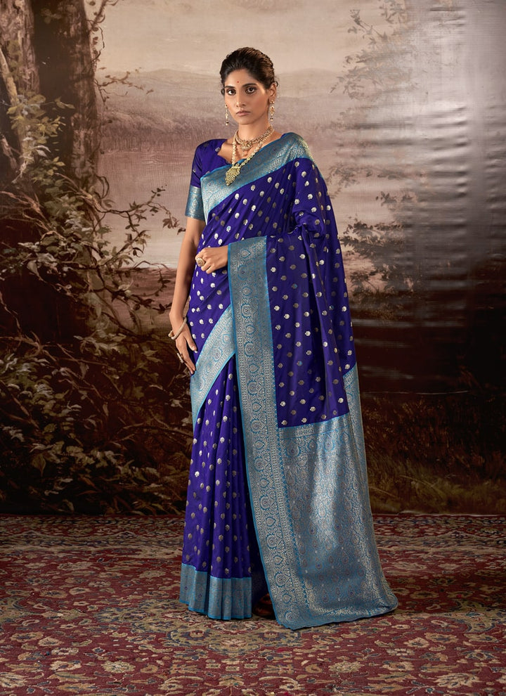 Lassya Fashion Midnight Blue Banarasi Soft Silk Saree with Matching Blouse