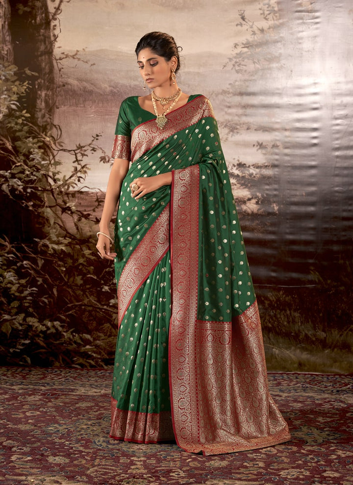 Lassya Fashion Dark Green Banarasi Soft Silk Saree with Matching Blouse