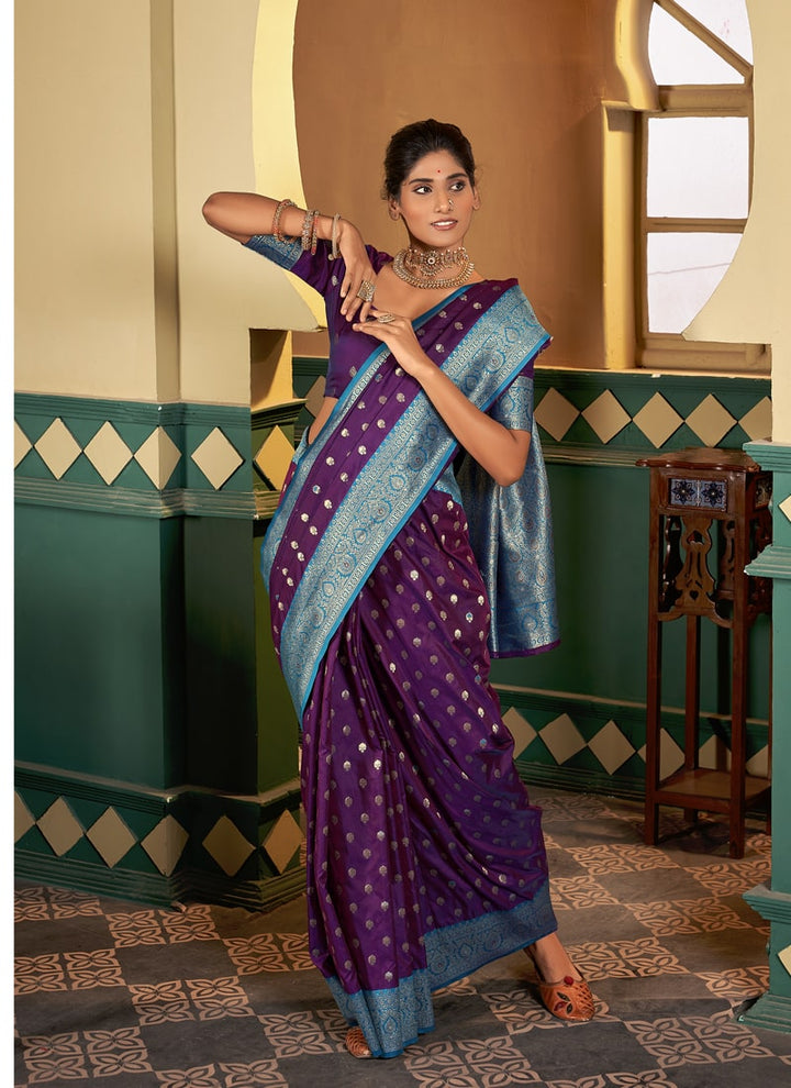 Lassya Fashion Purple Banarasi Soft Silk Saree with Matching Blouse