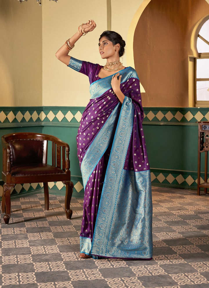 Lassya Fashion Purple Banarasi Soft Silk Saree with Matching Blouse